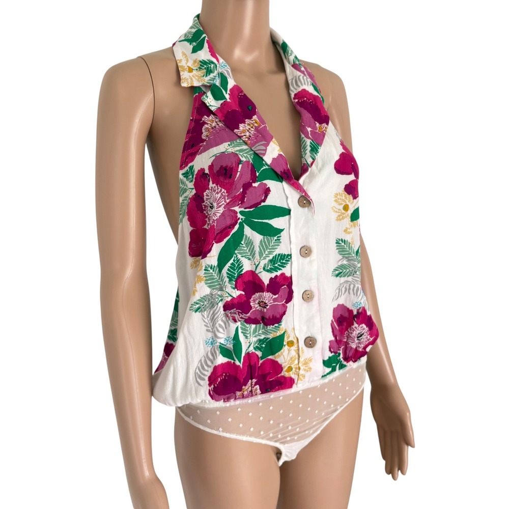 Intimately Free People Floral Halter Bodysuit Pink Green White XS Coastal Resort - Picture 2 of 9